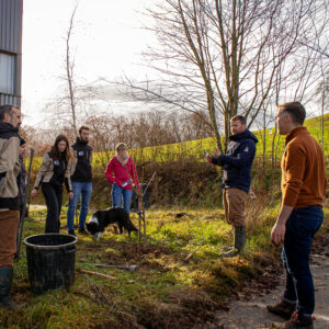 Collaborateur d'ICE entrain de planter des arbres et des plantes à l'arrière du batiment