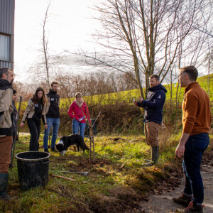 Plantation d'un verger : Collaborateur d'ICE entrain de planter des arbres et des plantes à l'arrière du batiment